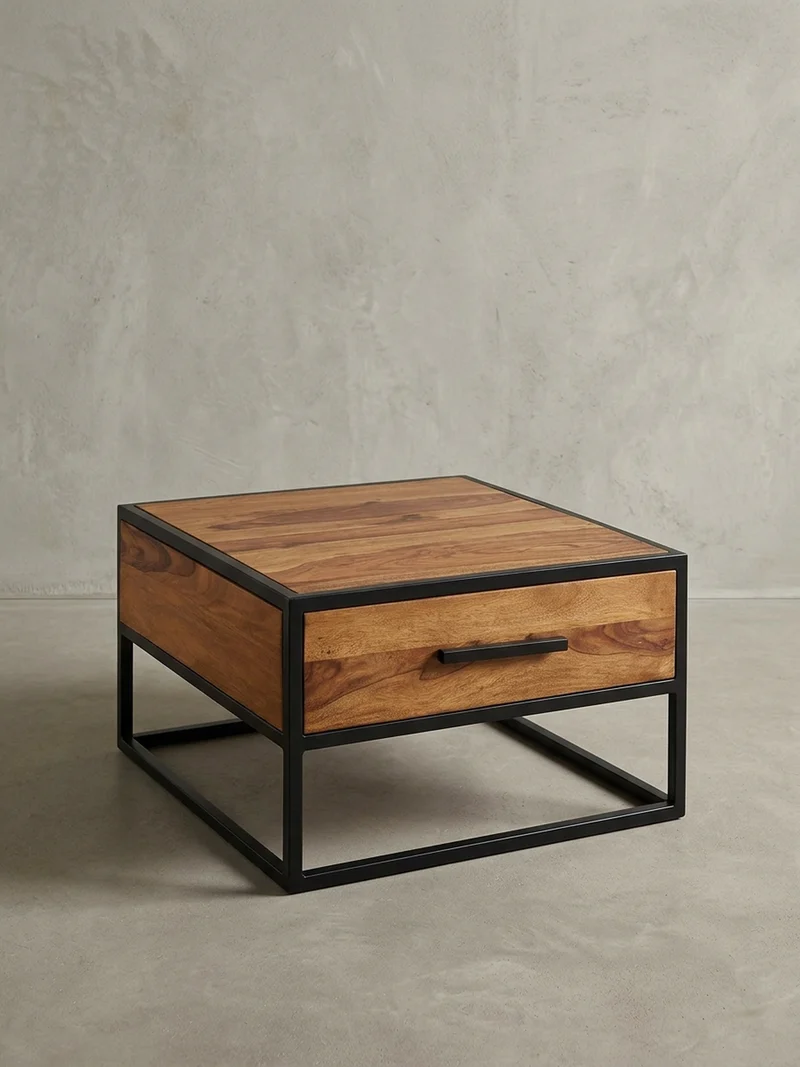 Couchtisch Industriestil, Metall und Holz, mit Schublade, 50 kg Tragkraft
