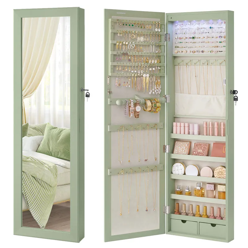 Wall Mount Jewelry Cabinet with LED Lights and Full-Length Mirror, 47.2 Inch Lockable Armoire Organizer with 2 Drawers, Laurel Green