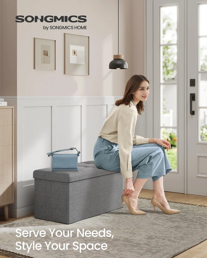 SONGMICS Storage Ottoman Bench, 15 x 30 x 15 Inches, Ottoman with Storage, End of Bed Bench, for Living Room, Bedroom, Ash Gray