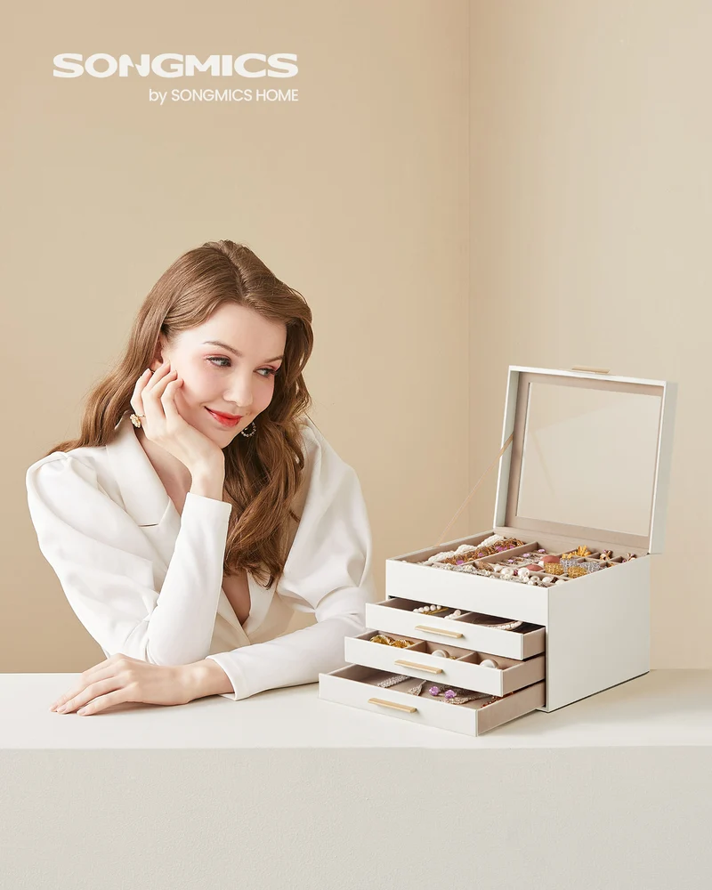 Glass Lid Jewelry Box, 4-Layer Organizer with 3 Drawers for Big and Small Jewelry, Modern Style, 8 x 9.1 x 6.5 Inches