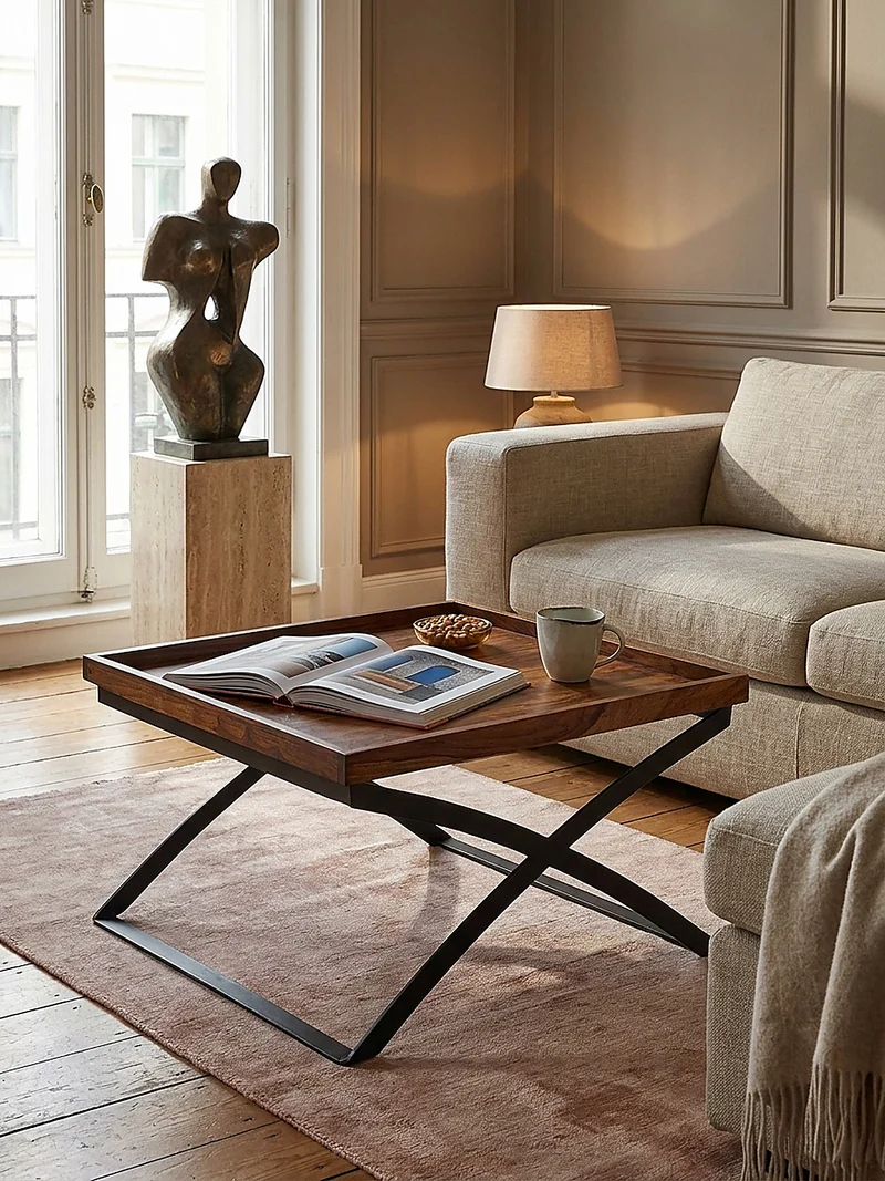 Couchtisch Quadratisch, Sheesham Holz und Eisen, Industrial-Stil, Maße 63x39x63 cm