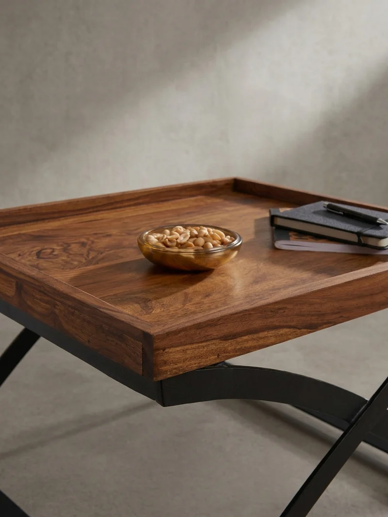 Couchtisch Quadratisch, Sheesham Holz und Eisen, Industrial-Stil, Maße 63x39x63 cm