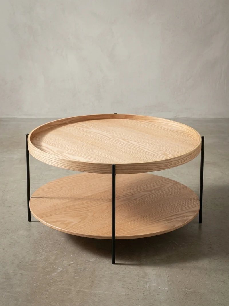 Couchtisch Eichefurnier mit Metallgestell und Stauraum, erhöhter Rand