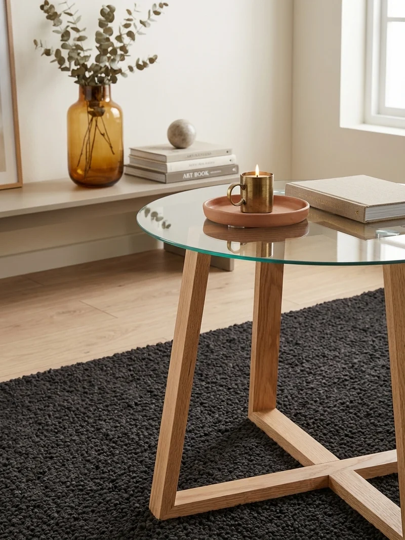 Couchtisch Eiche massiv mit Glasplatte, modernes Design, überkreuztes Gestell