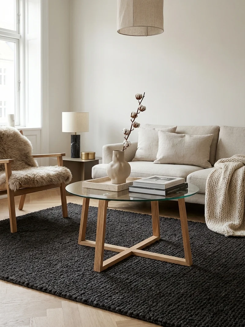 Couchtisch in Eiche mit transparenter Glasplatte und überkreuztem Gestell, modernes Design