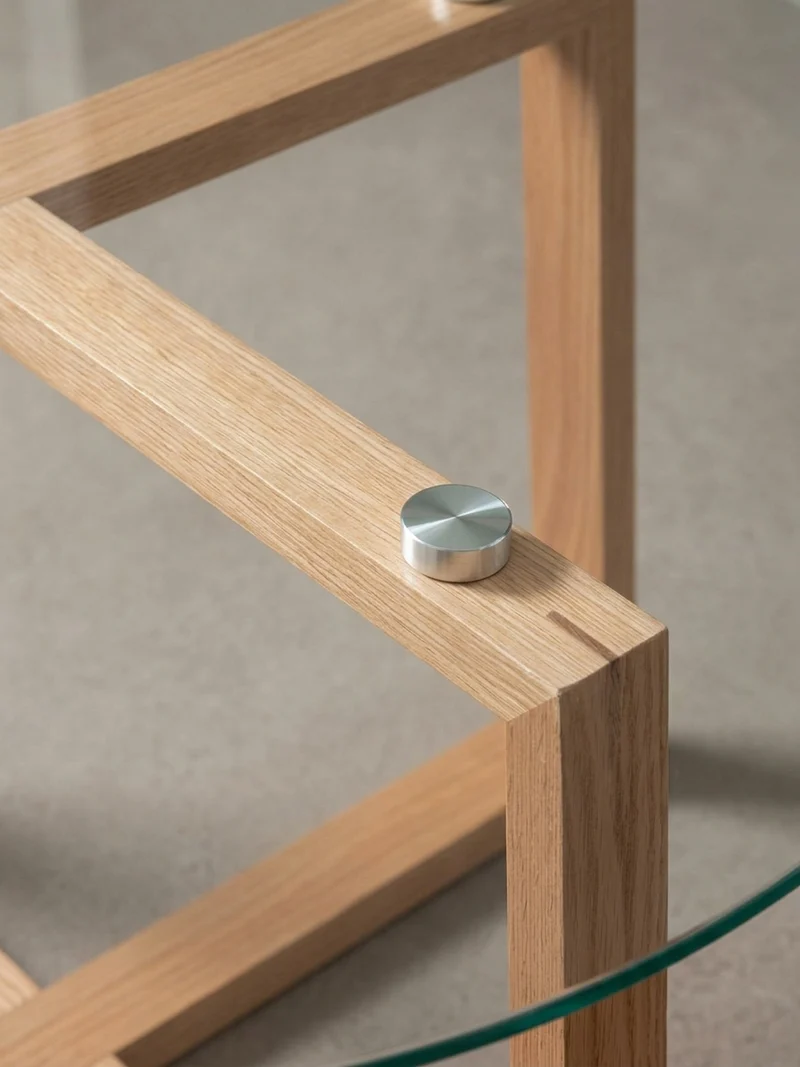 Couchtisch in Eiche mit transparenter Glasplatte und überkreuztem Gestell, modernes Design