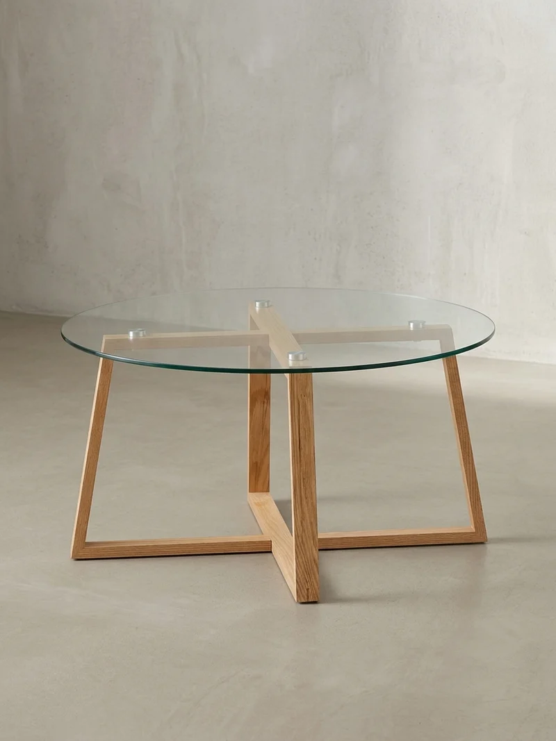 Couchtisch in Eiche mit transparenter Glasplatte und überkreuztem Gestell, modernes Design