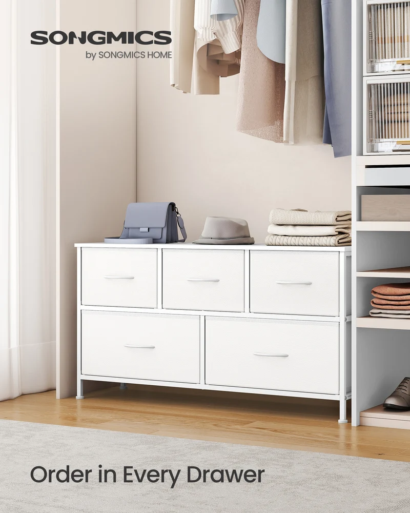 5-Drawer Fabric Dresser with Steel Frame, TV Stand Storage Organizer, 88 lb Top Load, for Bedroom Closet Entryway, White