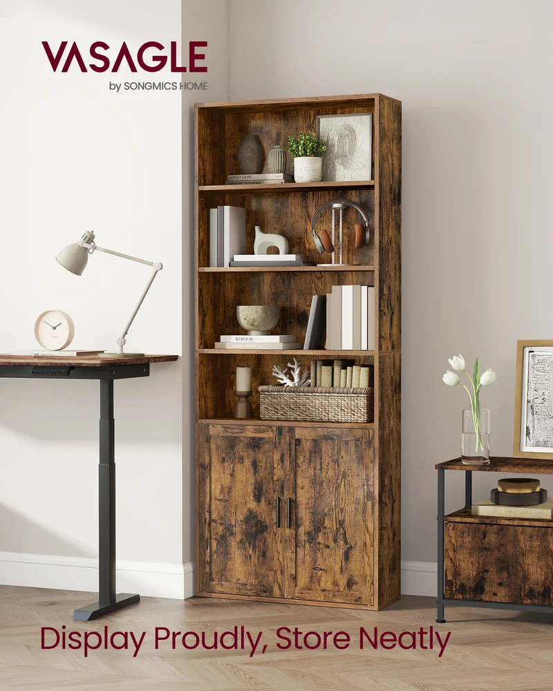6-Tier Tall Bookcase with Cabinet Door, 68.9 Inch Storage Shelf with 3 Adjustable Shelves & Anti-Tip Kit, for Living Room Home Office, Rustic Brown