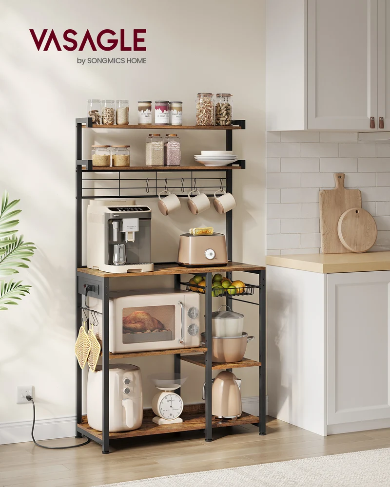 Bakers Rack with Power Outlet, 35.4 Inches Microwave Stand, Coffee Bar, 4 AC Outlets, with Adjustable Shelves, 8 S-Hooks, Basket, Spice Racks, Rustic Brown and Ink Black