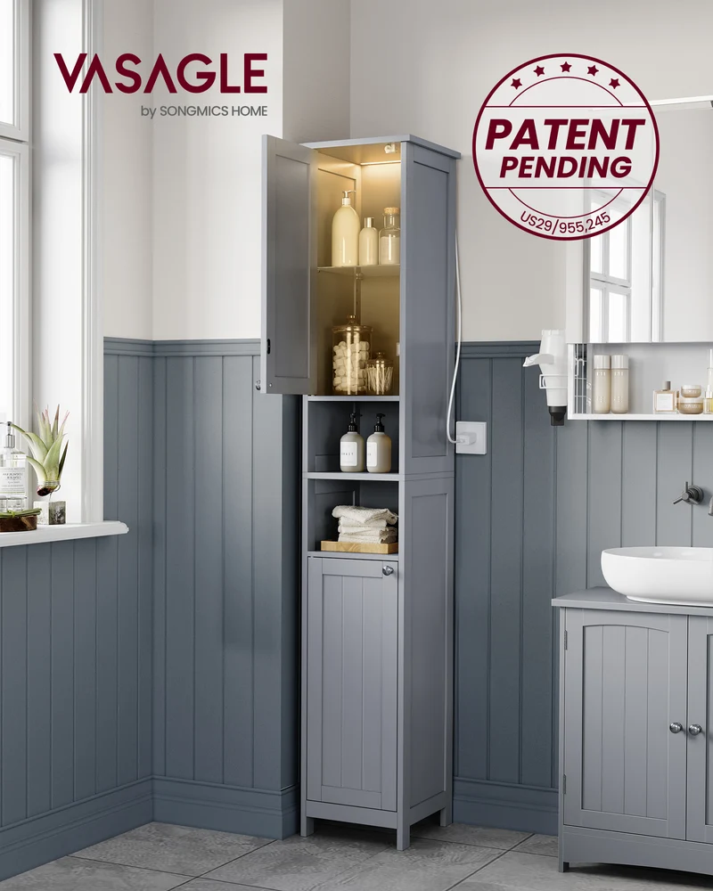 Illuminated Tall Storage Cabinet, Slim Freestanding Organizer with Auto LED Lights & Adjustable Shelves, for Small Spaces, Dove Gray