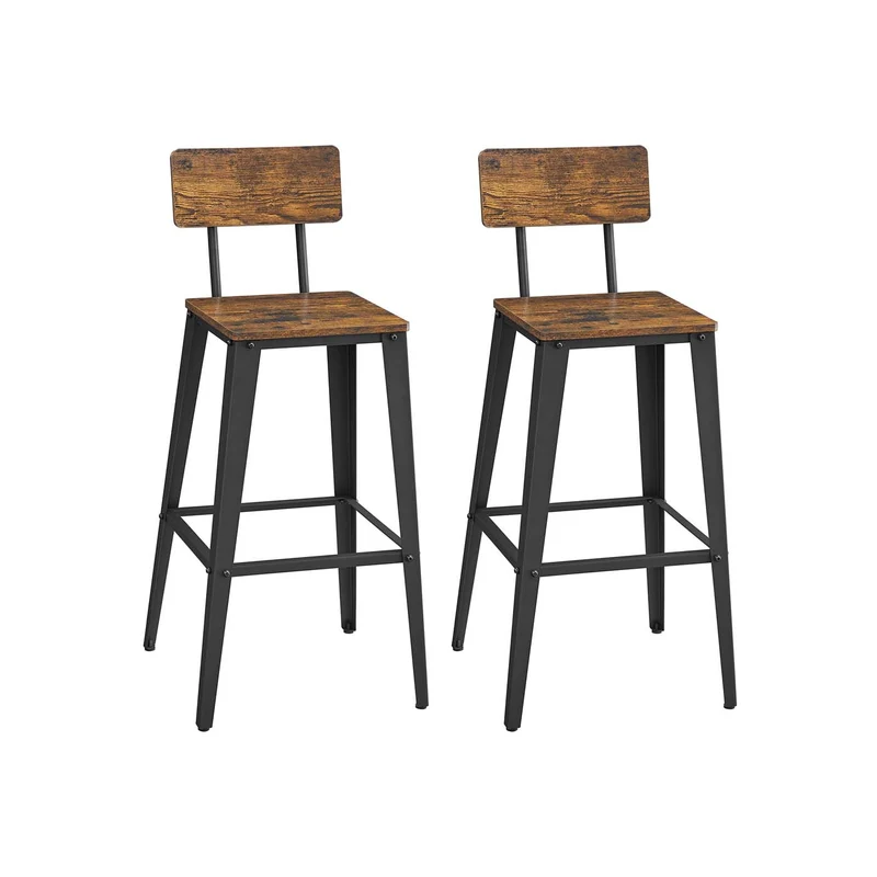 Juego de 2 Taburetes de Bar con Respaldo Industrial Marrón Rústico y Negro