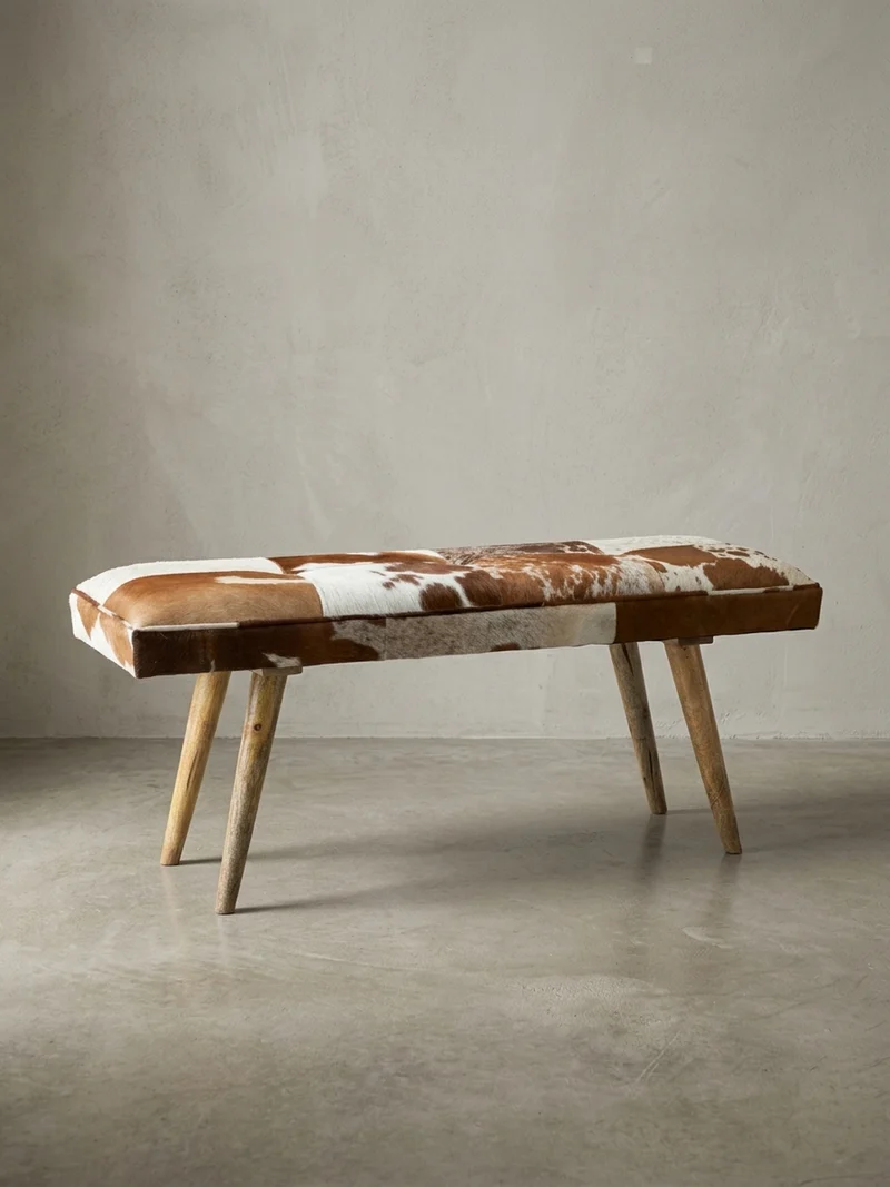 Sitzbank – Ziegenfell/Leder, Landhausstil, Mango Holz, 220 kg Belastbarkeit