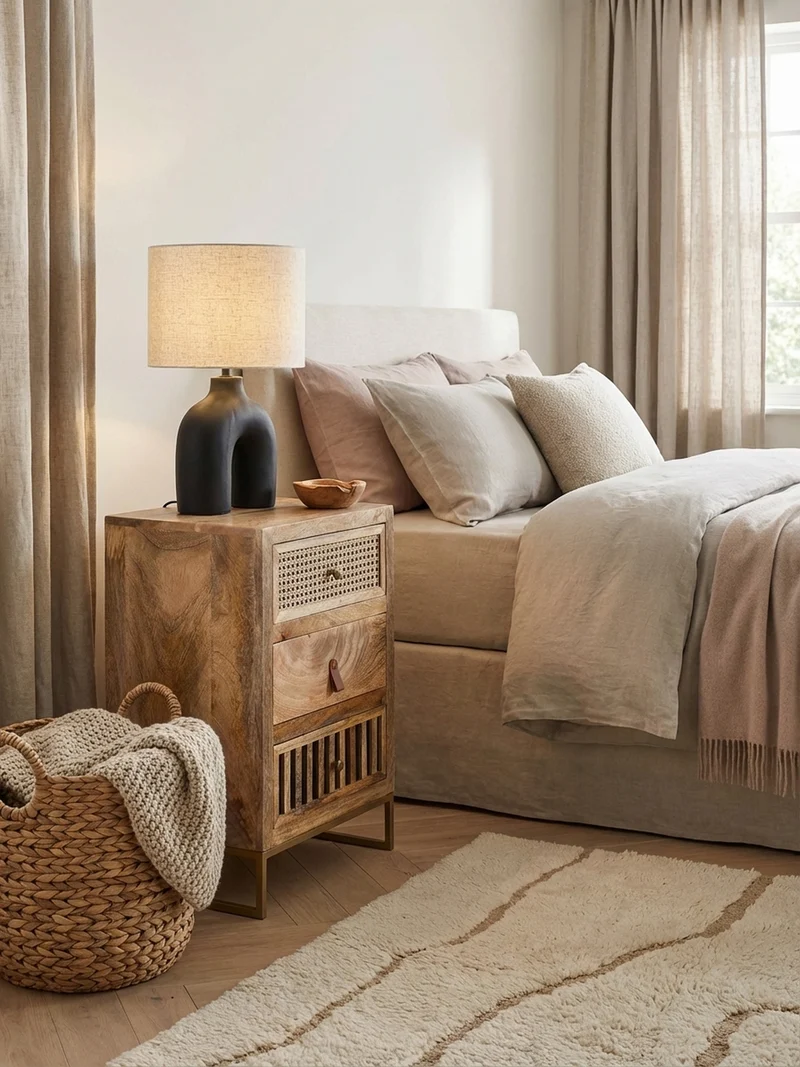 Nachttisch – Mango Massivholz/Rattan, 3 Schubladen, für Boxspringbett