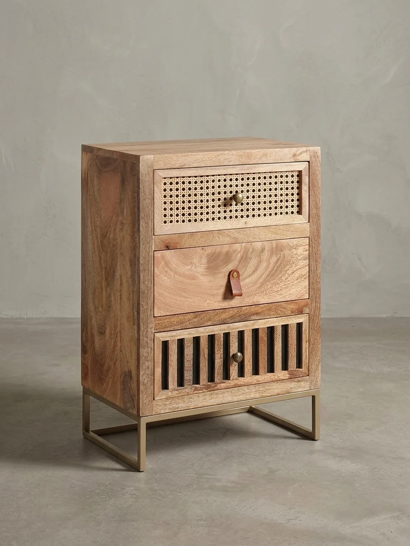 Nachttisch – Mango Massivholz/Rattan, 3 Schubladen, für Boxspringbett