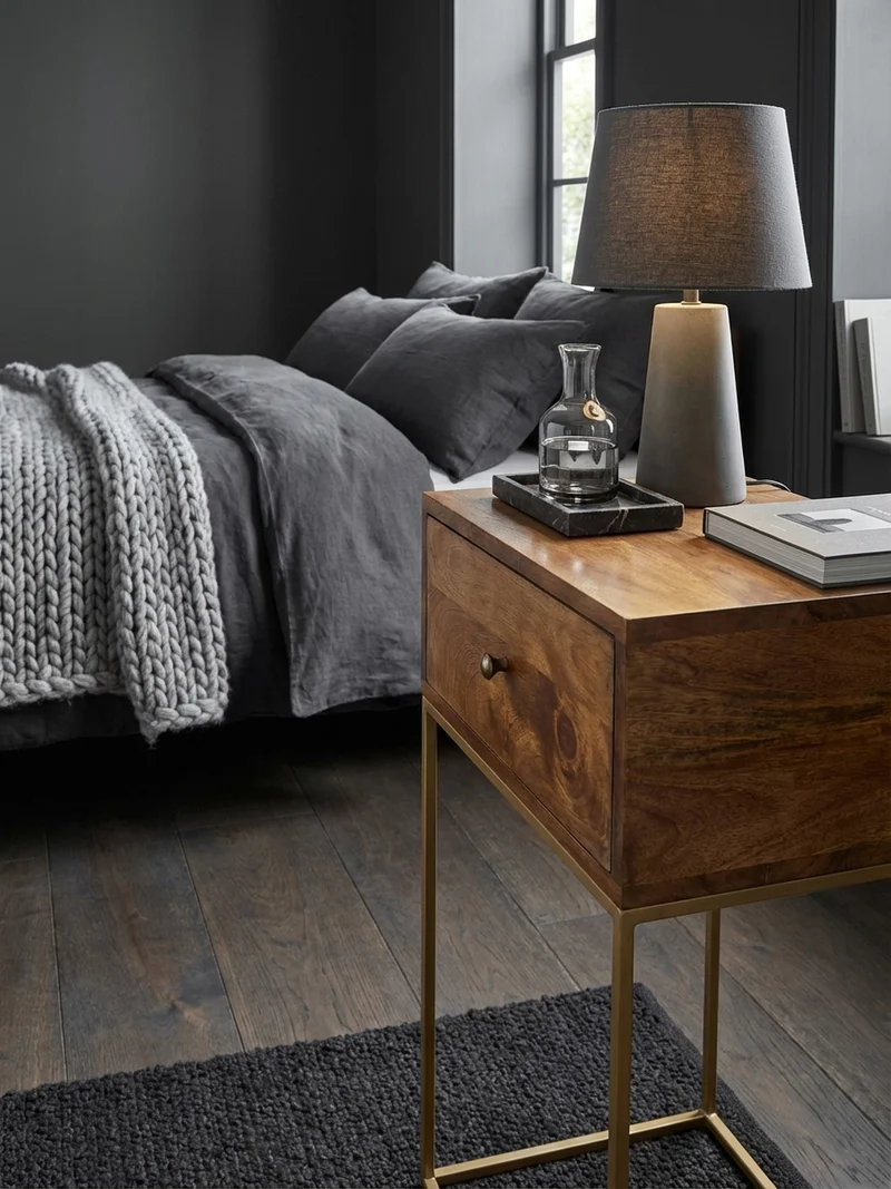 Nachttisch – Mango Massivholz/Metall, 1 Schublade, Industrial-Stil