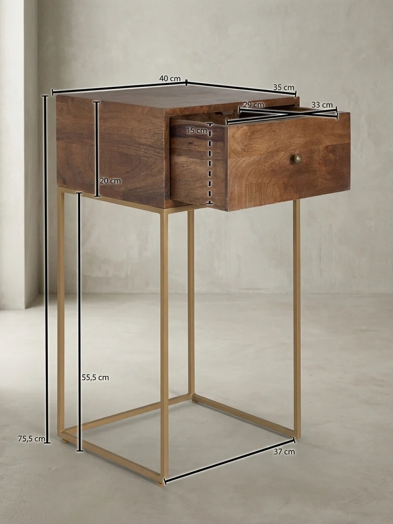 Nachttisch – Mango Massivholz/Metall, 1 Schublade, Industrial-Stil