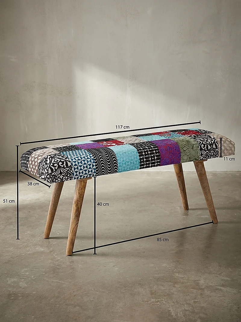 Sitzbank – Patchwork-Stoff, Massivholzbeine