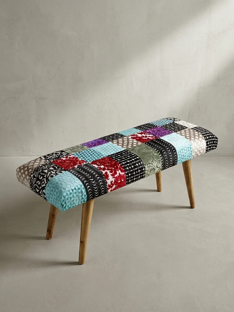 Sitzbank – Patchwork-Stoff, Massivholzbeine