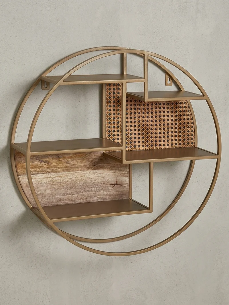 Wandregal Rattan Massivholz Metall Industrial Stil mit 5 Ablagen
