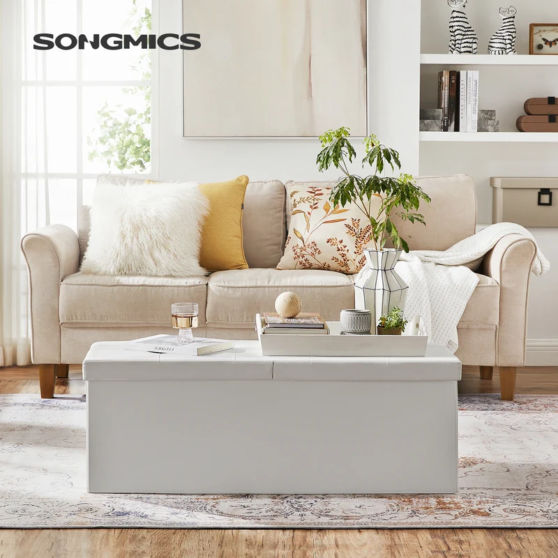 SONGMICS Folding Storage Ottoman, Storage Bench, Footrest Stool, 15 x 43 x 15 Inches, for Entryway, Living Room, Bedroom, White