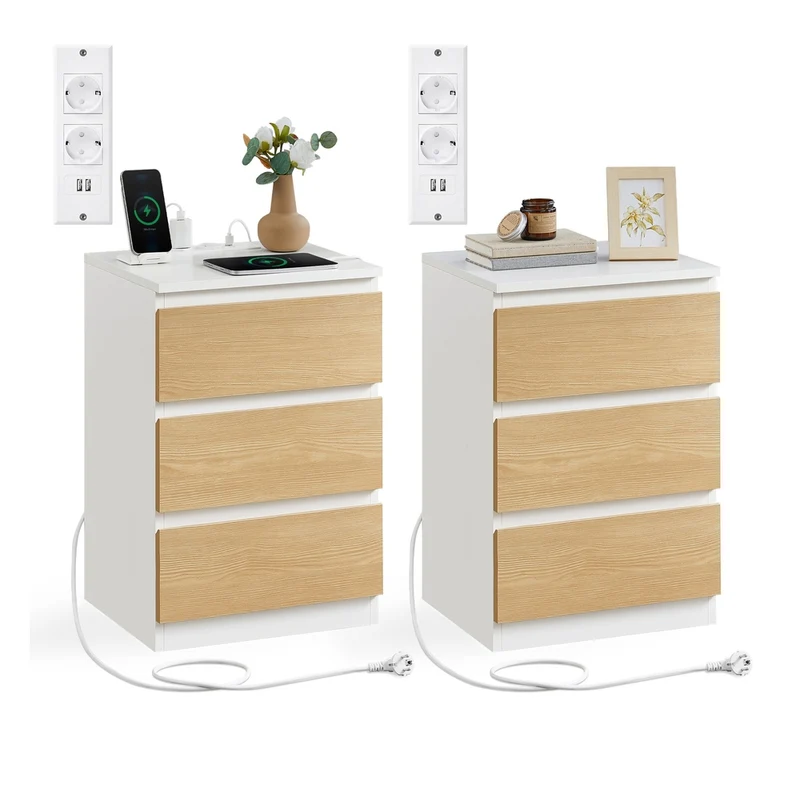 KAILYN Colección - Mesita de Noche con Estación de Carga con Cajones Puertos USB