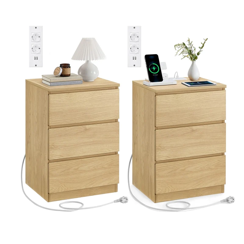 KAILYN Colección - Mesita de Noche con Estación de Carga con Cajones Puertos USB