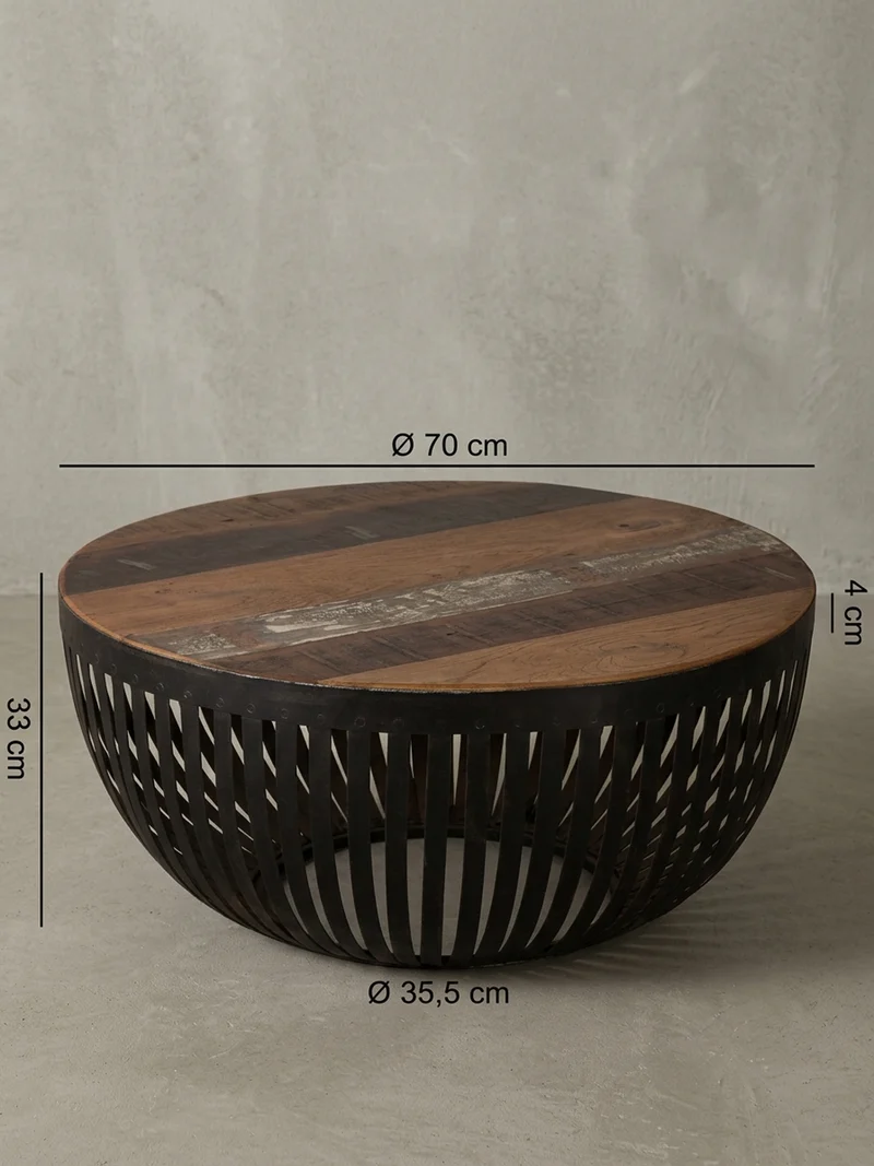 Couchtisch Braun aus recyceltem Mangoholz, 70x33x70 cm, im Industrial-Design