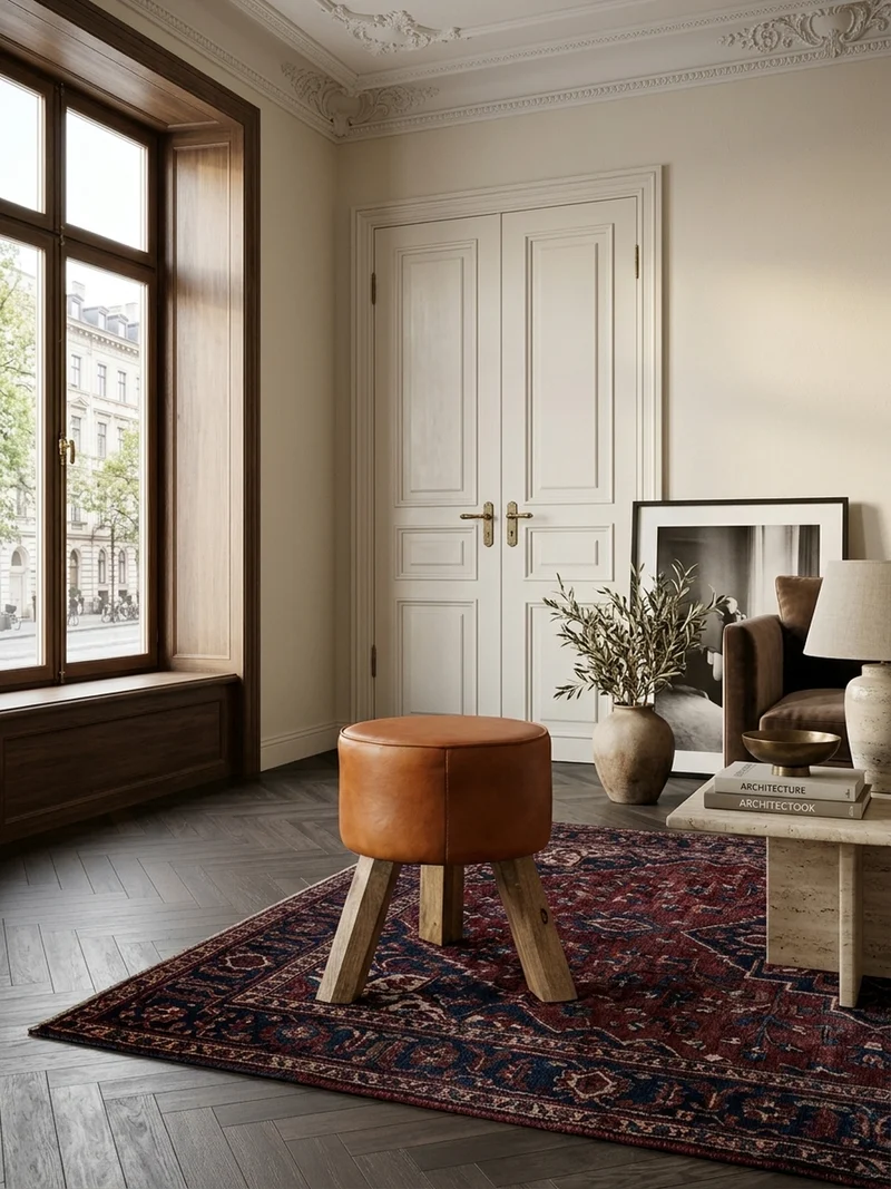 Sitzhocker – Ziegenleder/Holz, 45 cm, Country-Stil