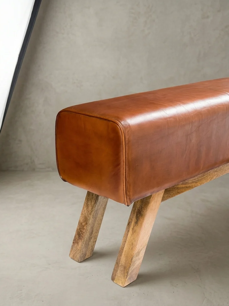Sitzbank – Echtleder/Holz, 120 cm, Retro-Stil, mit Stauraum