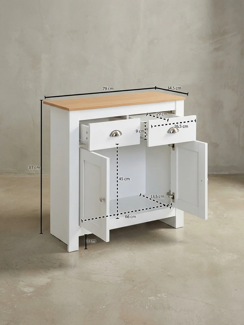 Sideboard – Eiche/Weiß, 2 Schubladen, melaminbeschichtet, modern