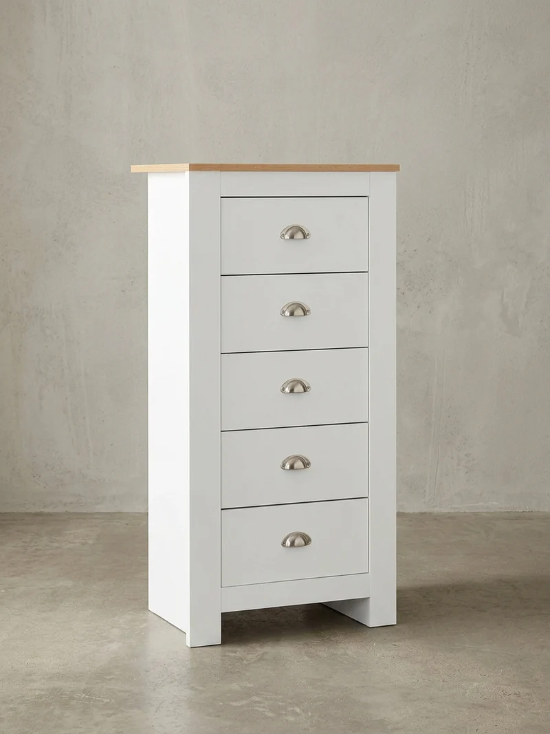 Sideboard – Eiche/Weiß, 5 Schubladen, melaminbeschichtet, platzsparend
