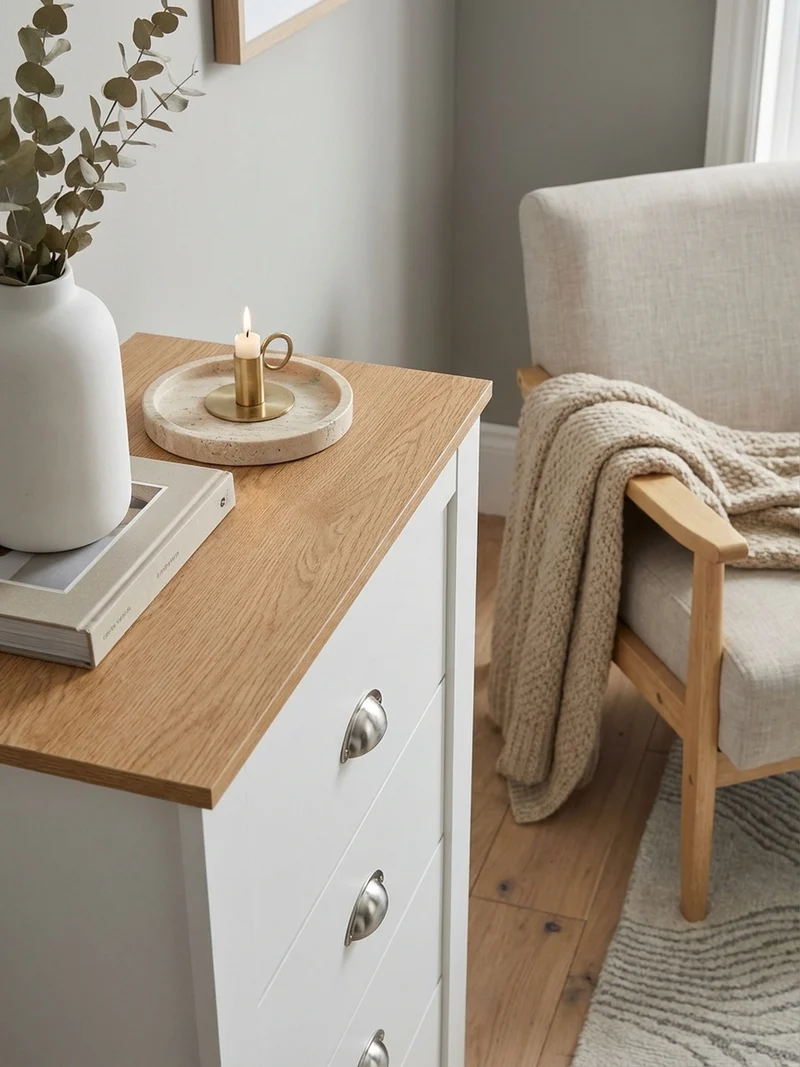 Sideboard – Eiche/Weiß, 5 Schubladen, melaminbeschichtet, platzsparend