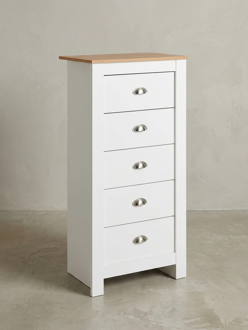 Sideboard – Eiche/Weiß, 5 Schubladen, melaminbeschichtet, platzsparend