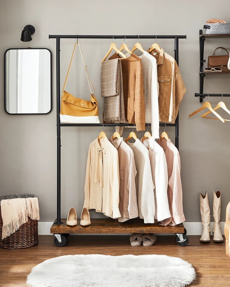 Clothes Rack Clothing Rack with Wheels, 43.3-66.9 Inch Extendable Bar Height-adjustable Garment Rack 332 lb Load Rustic Brown and Black
