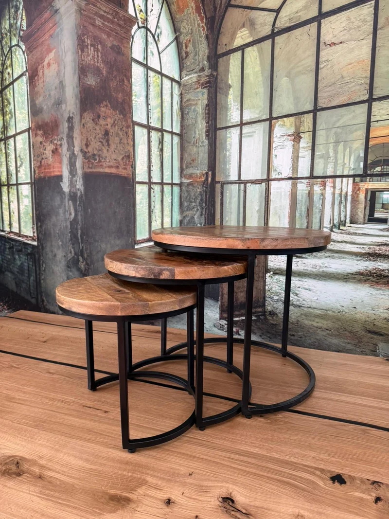 Beistelltisch +3'er Set +Massivholz +Metallgestell +Neu auf Lager