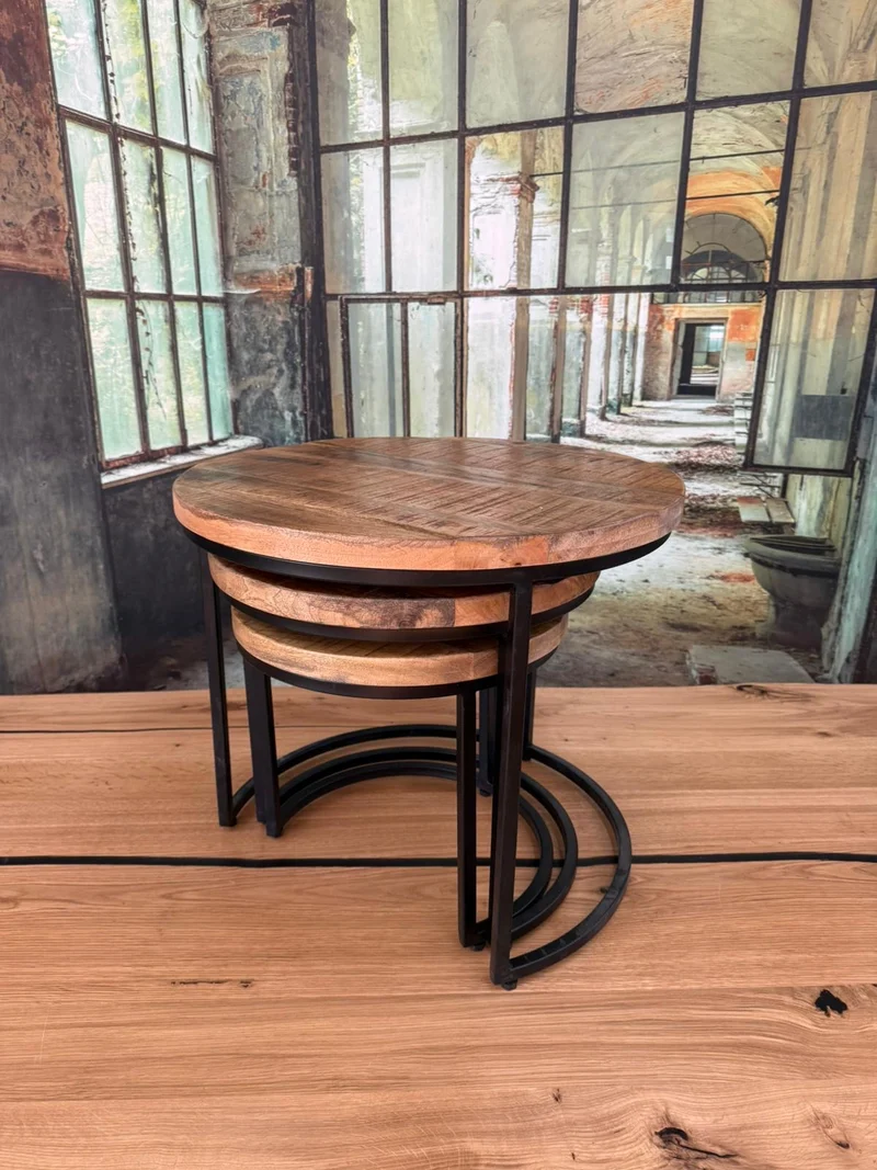 Beistelltisch +3'er Set +Massivholz +Metallgestell +Neu auf Lager