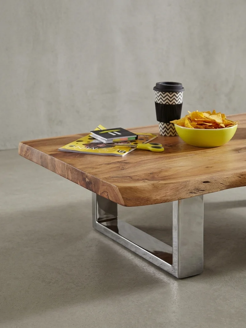 Couchtisch Akazienholz Massiv, Baumkanten Design, Landhausstil, Metallbeine Stabil