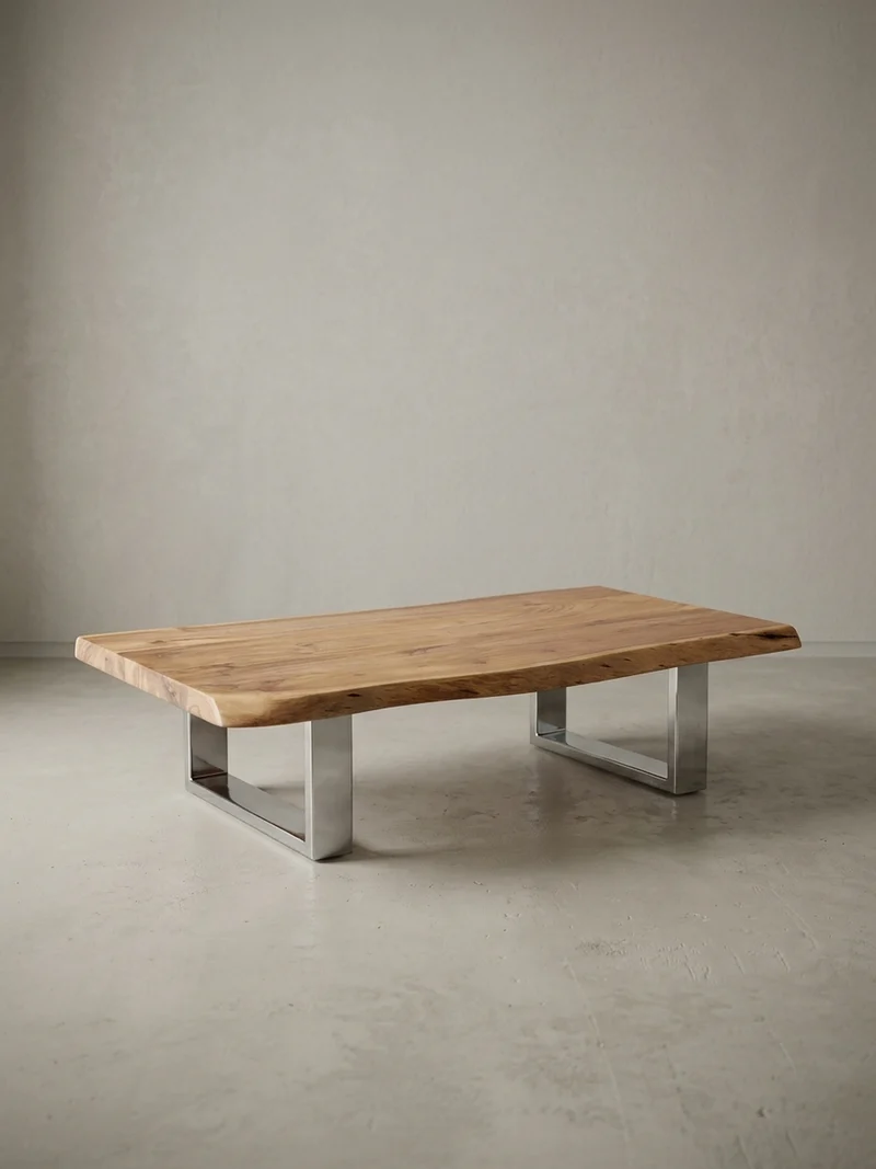 Couchtisch Akazienholz Massiv, Baumkanten Design, Landhausstil, Metallbeine Stabil