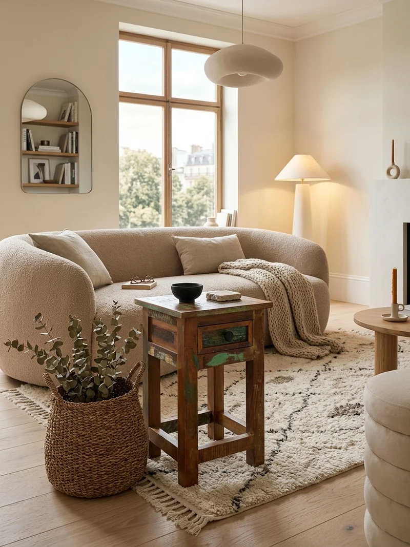 Beistelltisch – Mango Massivholz Braun mit Schublade Shabby Chic