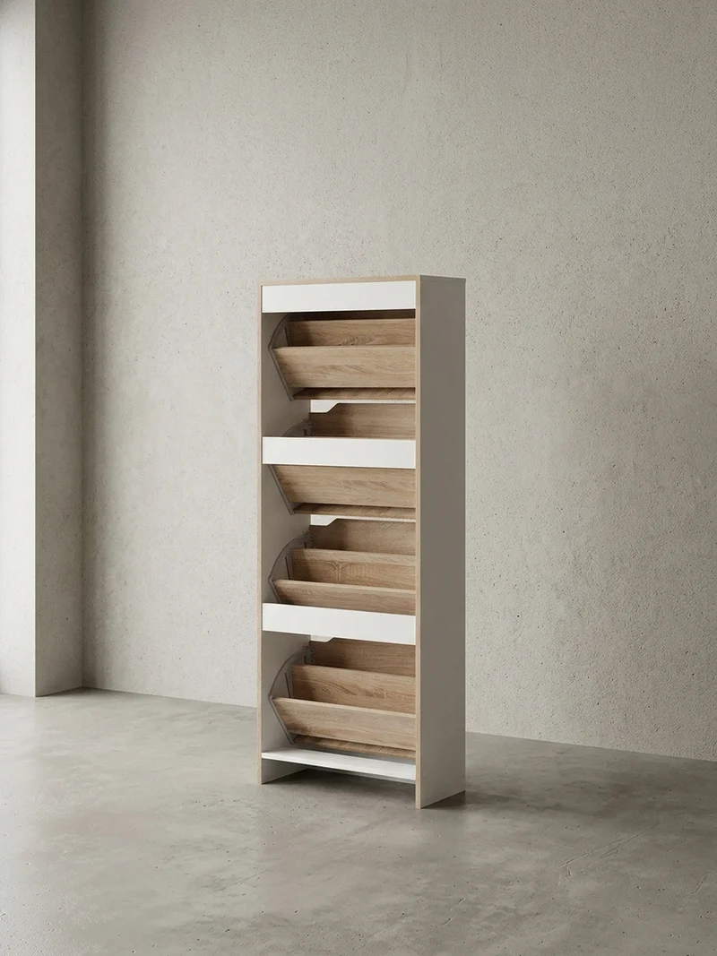 Schuhschrank – Weiß/Sonoma Eiche, 4 Fächer, für ca. 24 Paar Schuhe