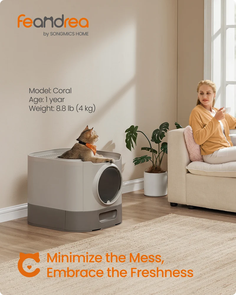 XL Enclosed Cat Litter Box with Slide-Out Tray, Includes Scoop & Brush, Anti-Tracking Design, Oatmeal & Warm Gray