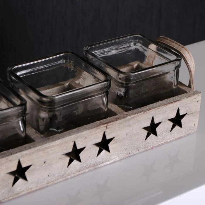 Weihnachts-Set Teelichthalter mit Kerzengläsern 37cm STERNE Braun