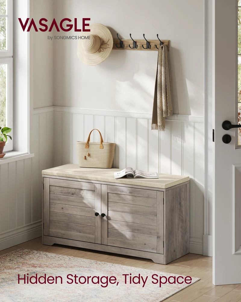 3-Tier Shoe Storage Bench with Cushion, 39.8 Inch Entryway Seat with Adjustable Shelves and Doors, Heather Greige