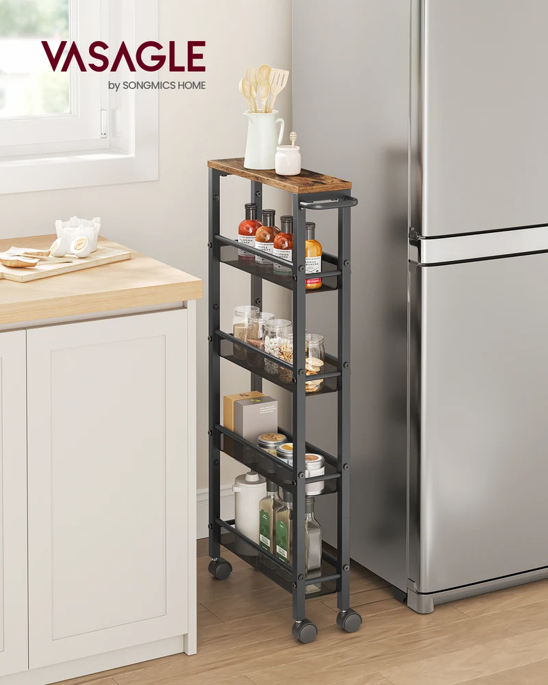 VASAGLE Slim Rolling Cart, 5-Tier Storage Cart, Narrow Cart with Handle, Rustic Brown and Black