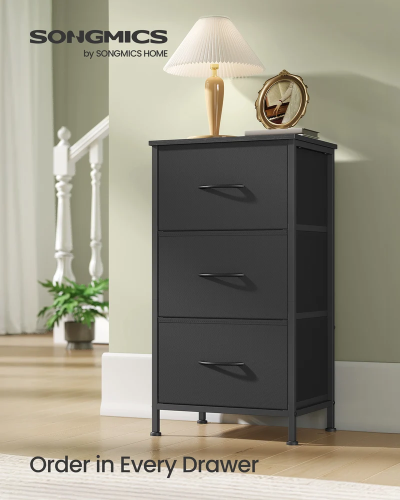 3-Drawer Fabric Dresser with Steel Frame, 66 lb Top Load Chest of Drawers, Multi-Use Storage Organizer for Bedroom Entryway, Black