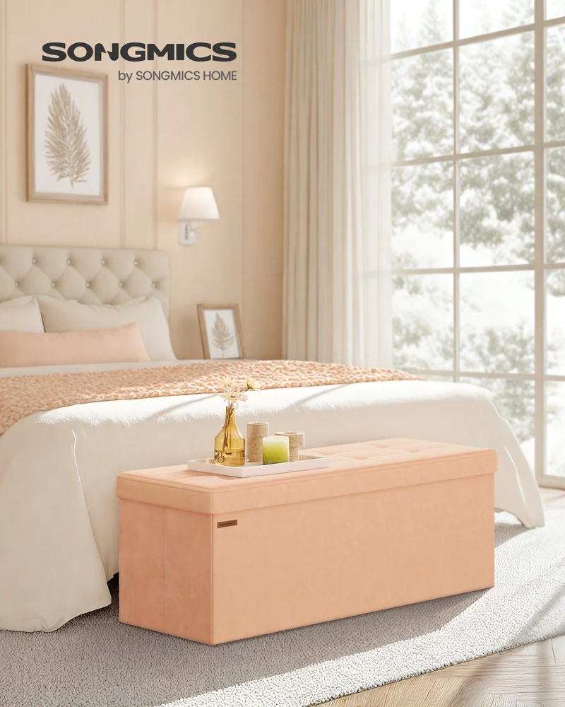 43-Inch Foldable Storage Ottoman Bench, 660 lb Capacity Footrest with Removable Divider, Apricot