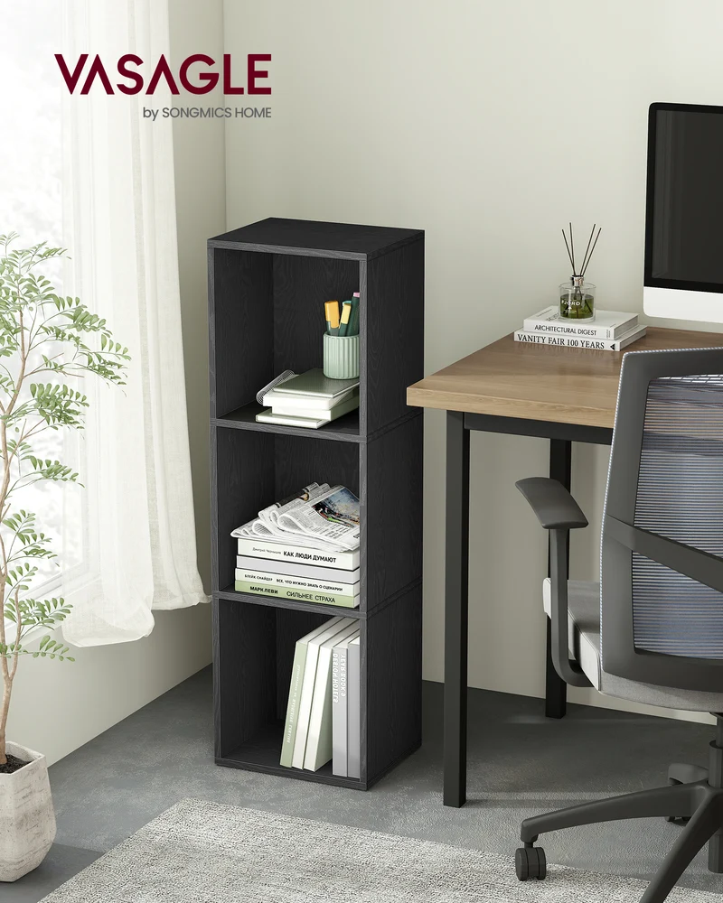 3-Tier Cube Bookcase, Open Shelf Organizer for Living Room/Office, Space-Saving Corner Design, Easy Assembly, Black