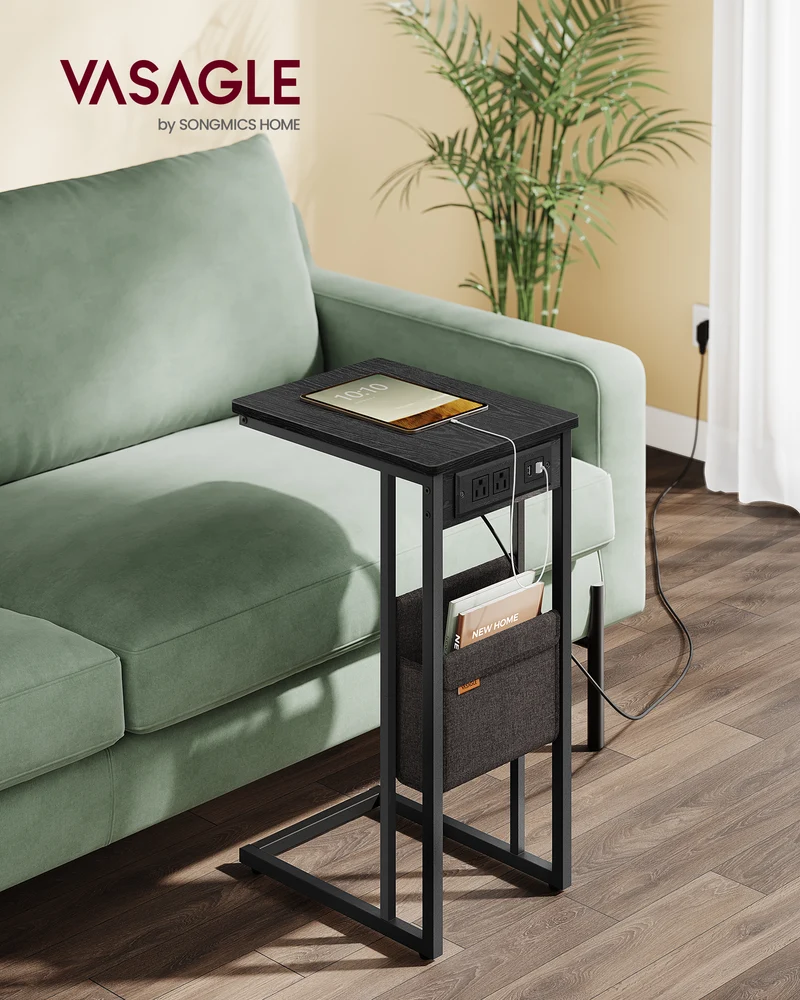 VASAGLE C-Shaped Side Table, End Table with Charging Station, 2 USB Ports and Outlets, C Table for Couch, Sofa, with Storage Bag Adjustable Feet Ebony Black
