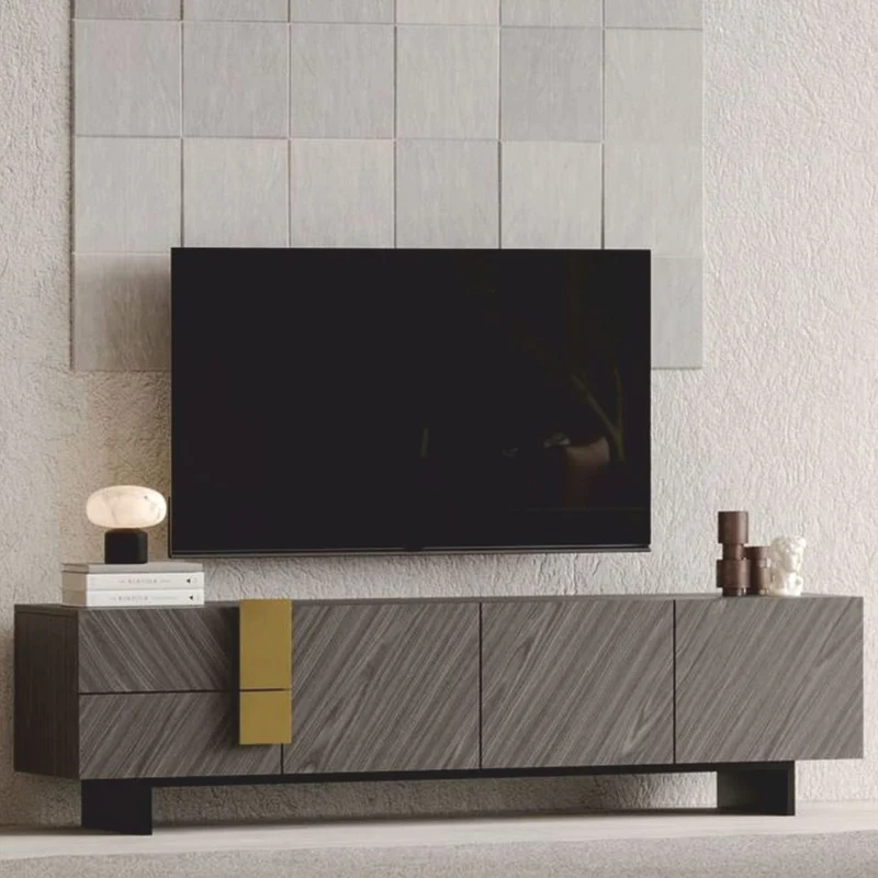 Casa Padrino Luxus TV Schrank Grau / Schwarz / Messing 220 cm - Wohnzimmer & Hotel Möbel